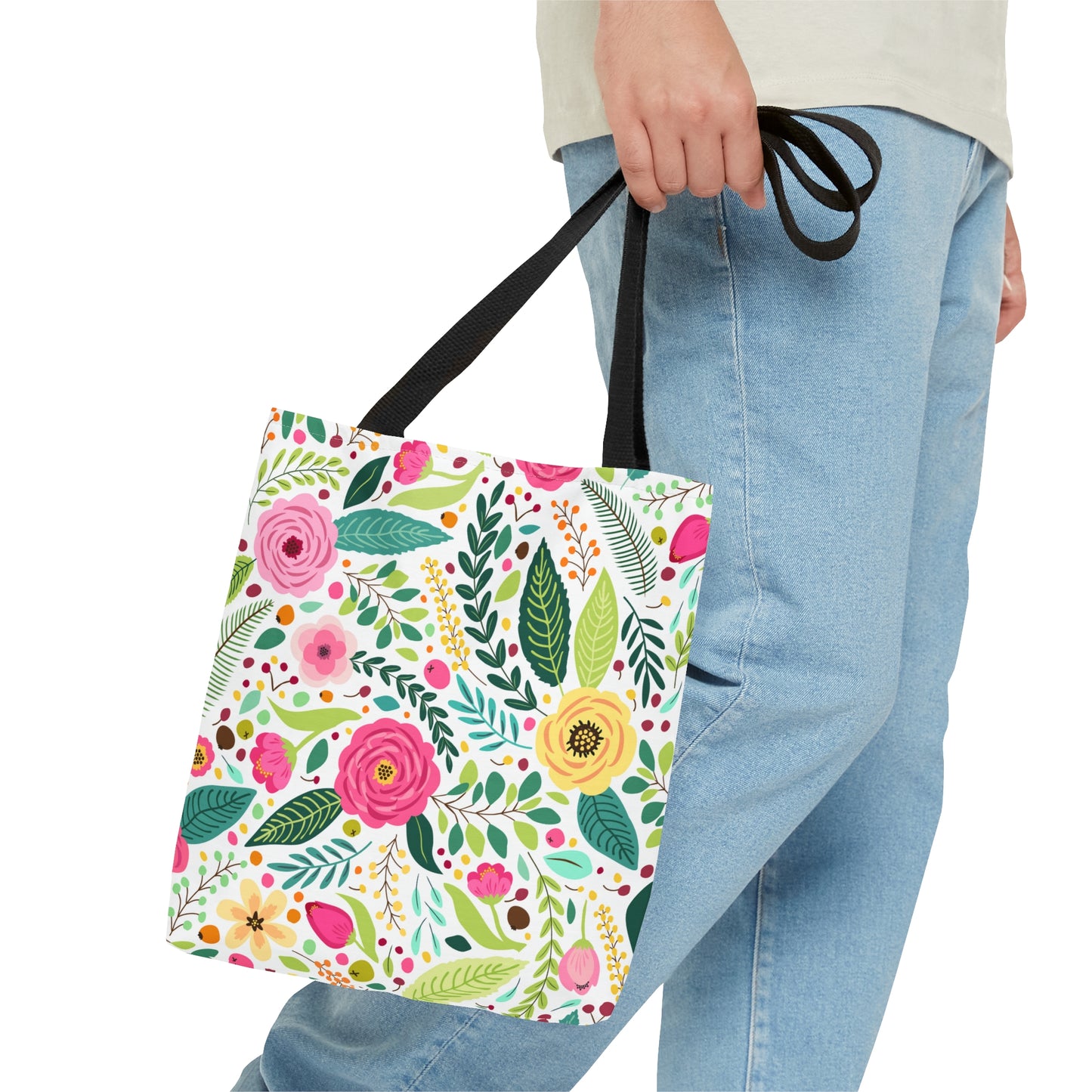 Bright Floral Tote Bag with Black Strap