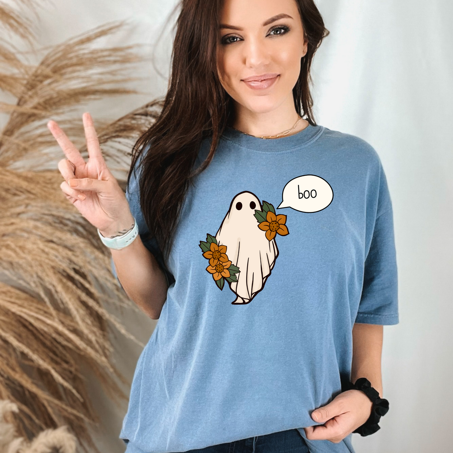 Ghost with Flowers and Boo Comfort Color Unisex Garment-Dyed T-shirt