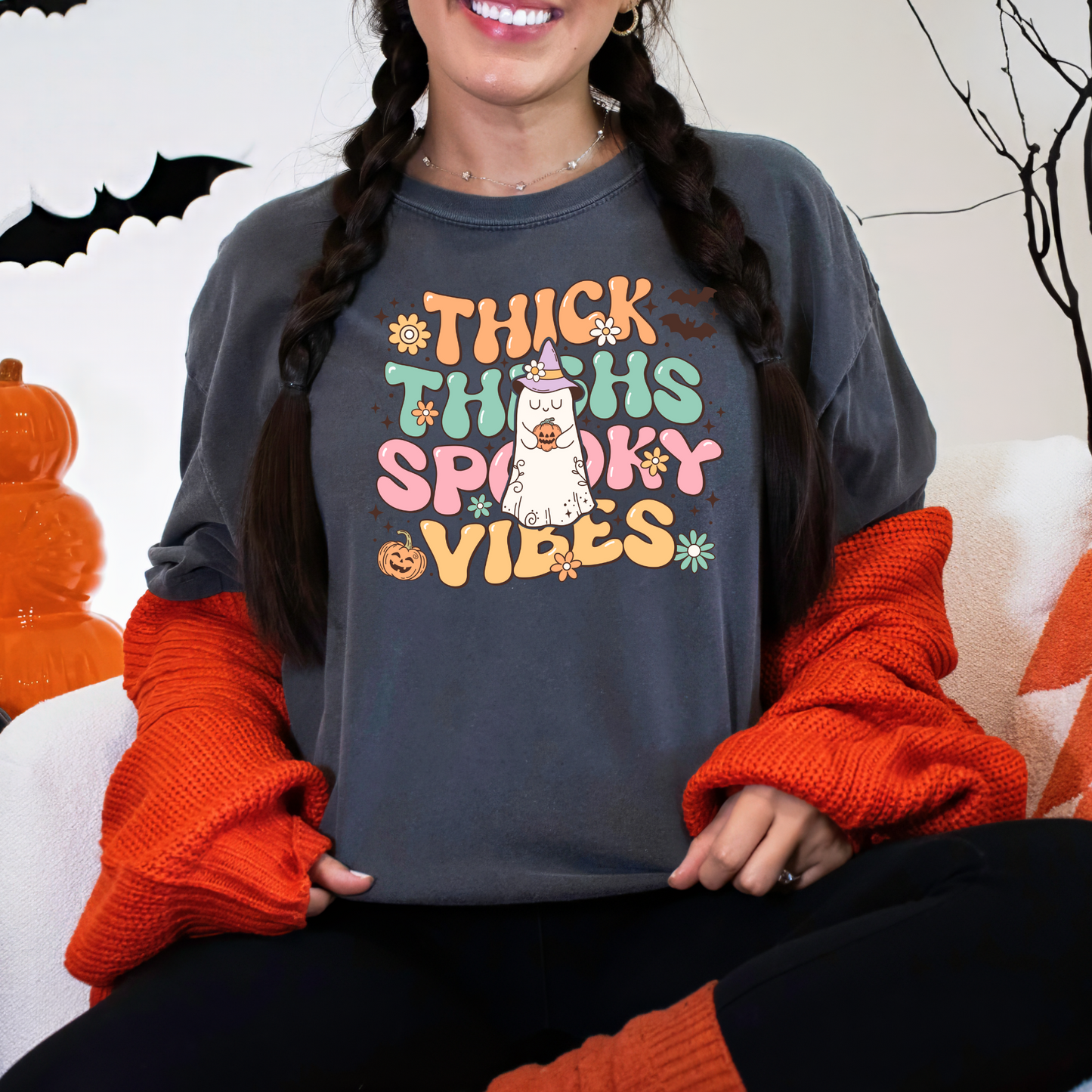 Thick Thighs Spooky Vibes Comfor Color Unisex Garment-Dyed T-shirt