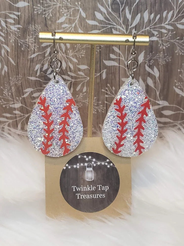 Baseball Teardrop Shaped Glitter Epoxy Earrings